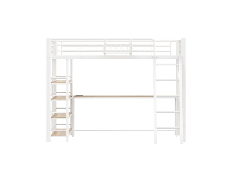  Lit mezzanine double 140×200 cm bureau, led réglable et usb  - sans matelas, métal et mdf - blanc  - Conforama E