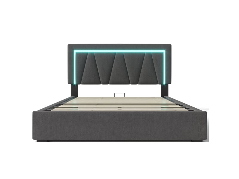  Lit coffre 160x200 cm gris en lin, led, usb type c et rangement sous sommier, avec matelas  - Conforama E