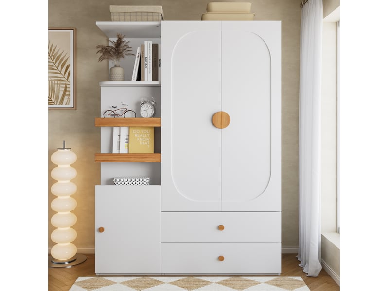  Armoire de rangement 125x50x180 cm avec penderie et tiroirs blanc et naturel  - Conforama D
