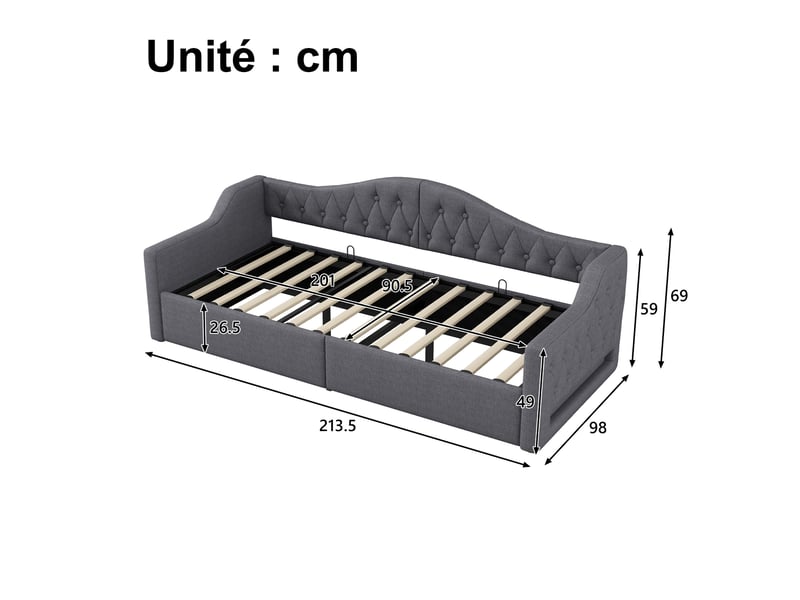  Lit banquette 1 place 200x90 cm en tissu gris, avec coffre et led à 7 couleurs, sans matelas  - Conforama D