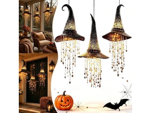 3 pièces décoration halloween suspendue, chapeau de sorcière lumineux led en maille noire avec guirlande d'étoiles pour porche, fenêtre et arbre