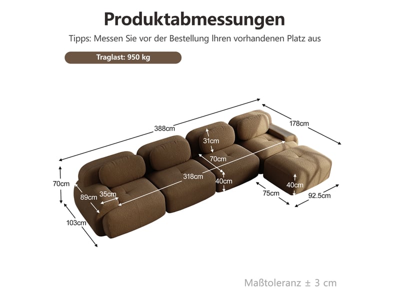 Canapé d'angle modulable ulevr 4 places avec méridienne droite, sans montage, velours côtelé marron 388 x 178 x 70 cm - Conforama C