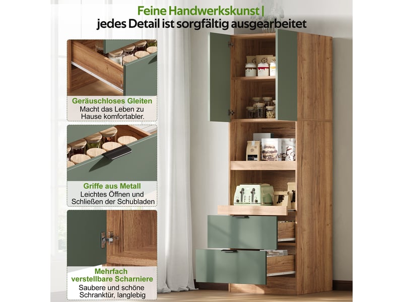  Armoire haute de cuisine 59,5x45x200 cm avec 2 tablettes coulissantes, 2 tiroirs, grand rangement micro-ondes, anti-basculement, mdf vert  - Conforama E