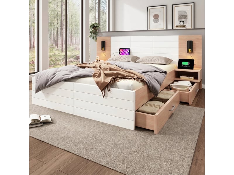  Lit double 160x200 avec 2 tiroirs et tables de chevet, tête de lit avec liseuse et port usb, blanc et chêne  - Conforama B