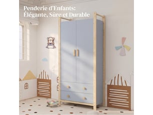 Armoire 2 portes avec penderie et 2 tiroirs, meuble de chambre bleu et bois, 90x45x180 cm