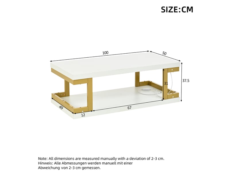  Table basse rectangulaire avec éclairage led, 100x50 cm, 2 niveaux de rangement, mdf et métal, blanc et or  - Conforama C