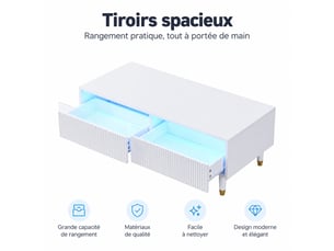 Table basse avec 2 tiroirs et façades ondulées, éclairage led, 110 x 50 x 40 cm