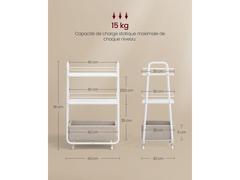  Chariot de rangement à roulettes 43 x 30 x 81 cm 3 niveaux pratique design moderne en aggloméré beige 12_0012647  - Conforama B