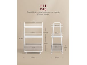 Chariot de rangement à roulettes 43 x 30 x 81 cm 3 niveaux pratique design moderne en aggloméré beige 12_0012647