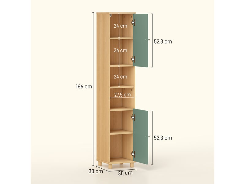  Meuble de salle de bain meuble de rangement 2 placards 2 compartiments ouverts 30 x 30 x 166 cm étagères réglables, vert  - Conforama C