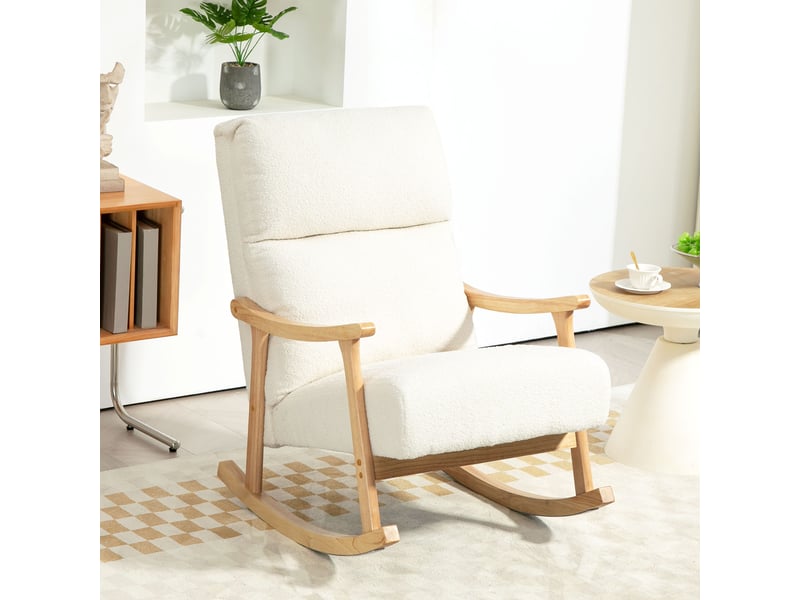  Fauteuil à bascule, revêtement en tissu aspect velours, dossier ergonomique, charge maximale 120 kg, 65 cm (l) x 90 cm (p) x 98 cm (h), blanc crème  - Conforama C