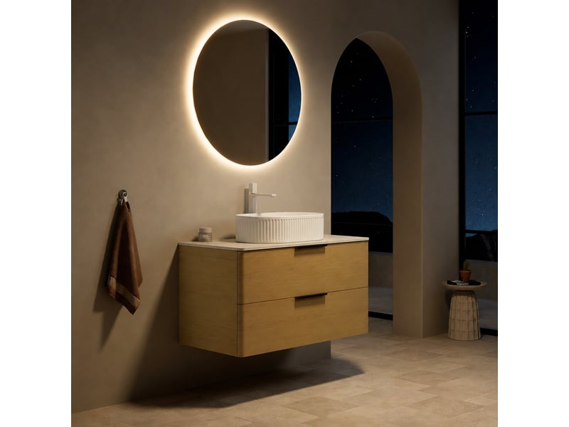  Meuble vasque suspendu 90 cm avec vasque ovale blanche en céramique, 2 tiroirs et plan effet travertin  - Conforama E