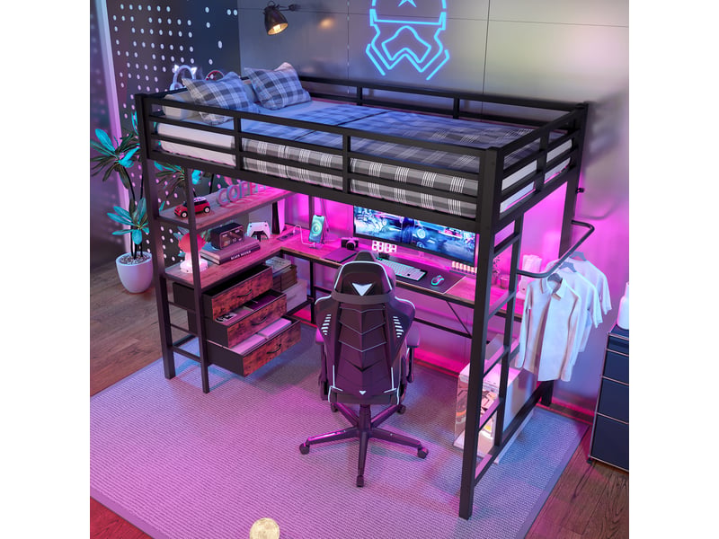  Lit mezzanine enfant 90x200 cm avec barrières et escalier, lit enfant superpose avec bureau et 3 tiroirs, lit simple led, noir  - Conforama W