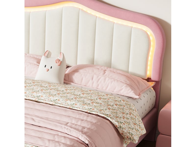 Lit enfant capitonné 140x200 cm, 2 tiroirs, led pilotées par application, velours, rose et blanc, sans matelas - Conforama E