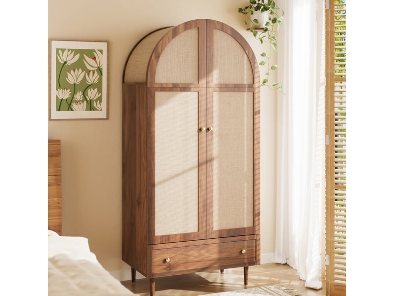  Armoire avec tiroir 79x50x175 cm portes revêtues de tissu mdf noyer et beige  - Conforama B