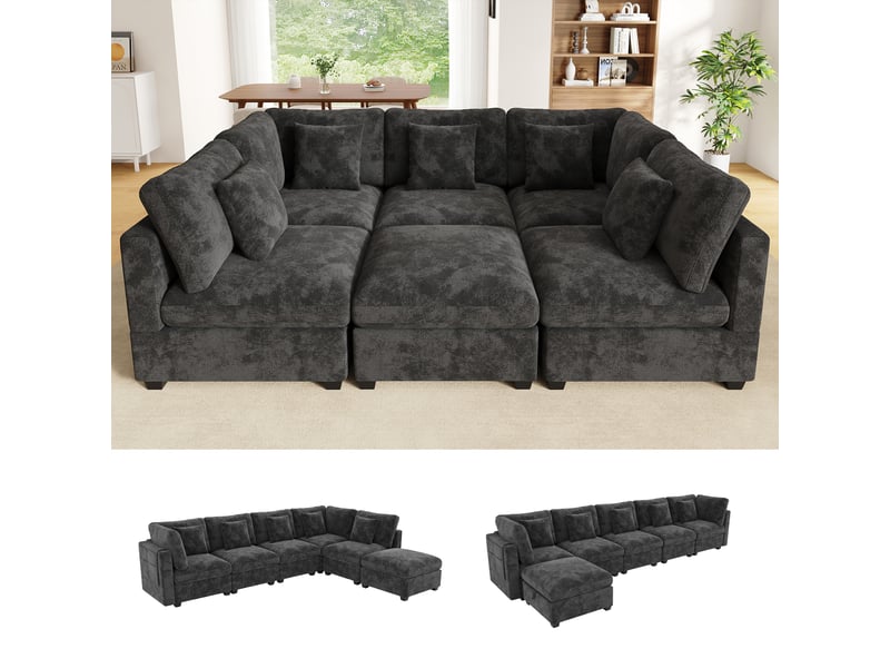 Canapé d’angle convertible canapé modulable xxl 6 places avec pouf coffre, 3 poches aux accoudoirs et 5 coussins, tissu chenille gris OPULERANE TRADING LTD - Conforama E
