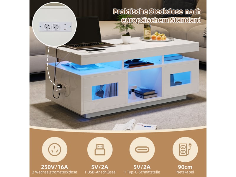  Table basse avec 2 portes, 2 niches, 1 étagère, led et prise usb, pour salon, blanc, 100 x 50 x 43 cm  - Conforama D