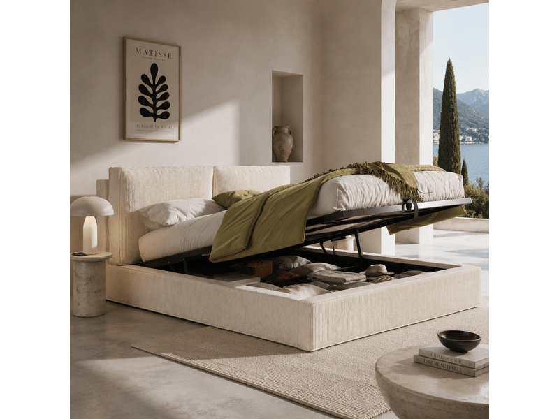  Lit coffre rembourré 180 x 200 cm en velours côtelé beige, tête de lit épaisse, sommier à lattes N634U0009D - Conforama E