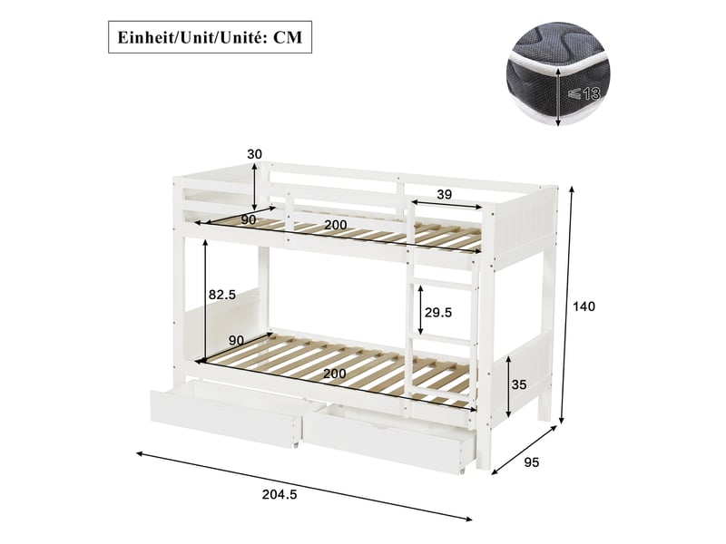 Lit superposé 90 × 200 cm séparable en 2 lits simples avec 2 tiroirs, échelle et garde-corps blanc pour chambre - Conforama C