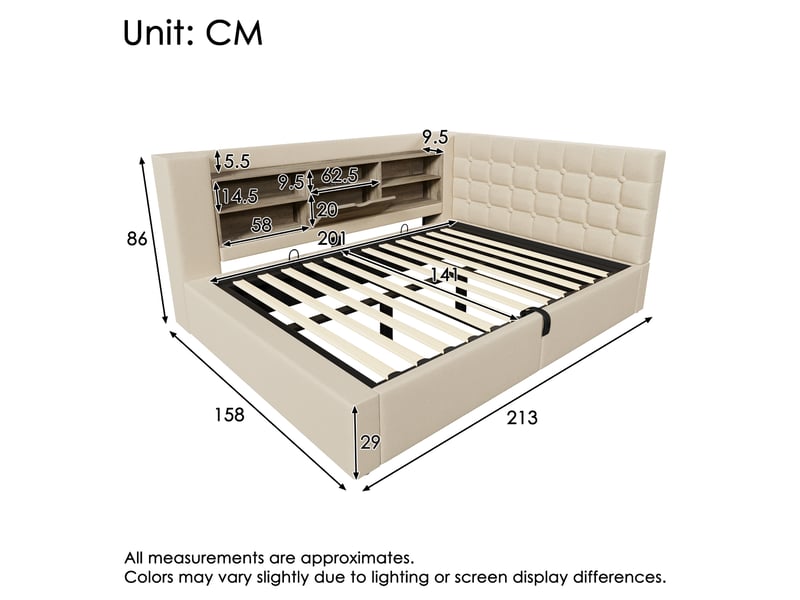  Lit double 140x200 cm coffre avec rangement hydraulique tête de lit en l avec éclairage led lin beige  - Conforama C