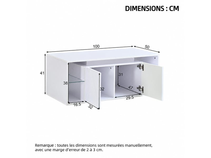  Table basse led 100 x 50 x 41 cm blanche, 2 portes, rangement semi-ouvert, panneaux de particules, charge 30 kg  - Conforama C