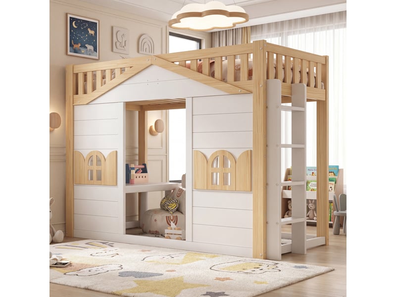Lit mezzanine pour enfants en bois massif forme maison de 90 × 200 cm, avec fenêtres ; l’espace inférieur peut servir de lit ou de zone de jeu, blanc et ton bois naturel - Conforama D