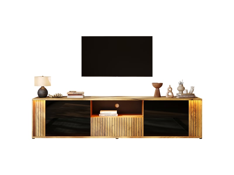 Meuble tv 180x40x51 cm, pour tv jusqu’à 75 pouces, led bluetooth, 2 portes battantes, 1 tiroir, niche ouverte, mdf et aggloméré, noir et bois OMNIGLINT TRADING LTD - Conforama A