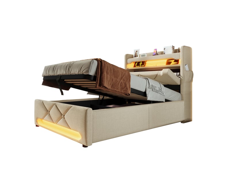  Lit coffre, lit enfant 90x200 cm, rangement hydraulique, tête de lit avec rangement, led 360°, usbusb-c, matelas inclus, lin beige  - Conforama B