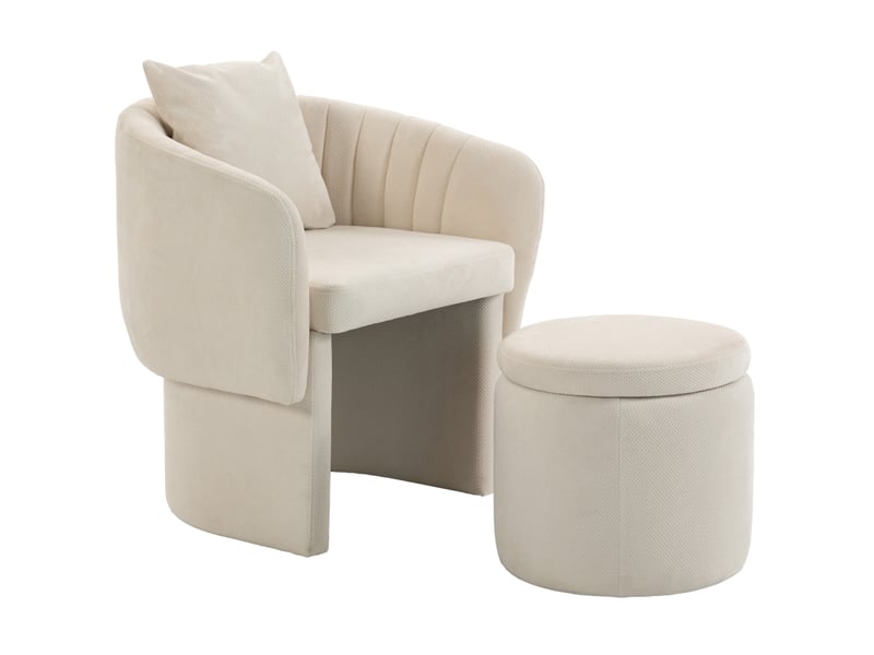  Fauteuil avec pouf et coussin lombaire, dossier enveloppant pour salon, revêtement en chenille de polyester beige  - Conforama A