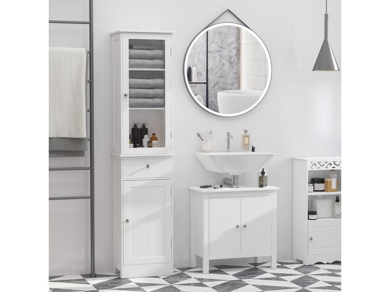  Meuble de salle de bain gain de place avec placard, tiroir et étagères en mdf, 40 x 27 x 171,5 cm, blanc  - Conforama D