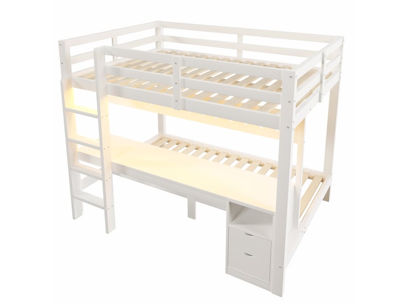  Lit mezzanine avec bureau, tiroirs, panneau perforé et led, pin, 90x200+140x200 cm  - Conforama D