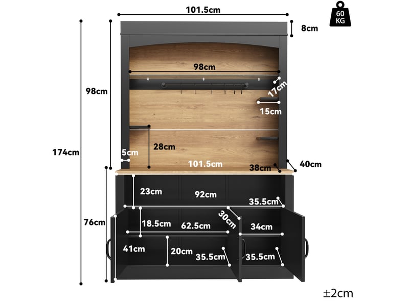 Buffet de cuisine haut en lot de 2 avec 6 portes et 6 étagères latérales, 12 crochets et éclairage led, en mdf noir - Conforama C