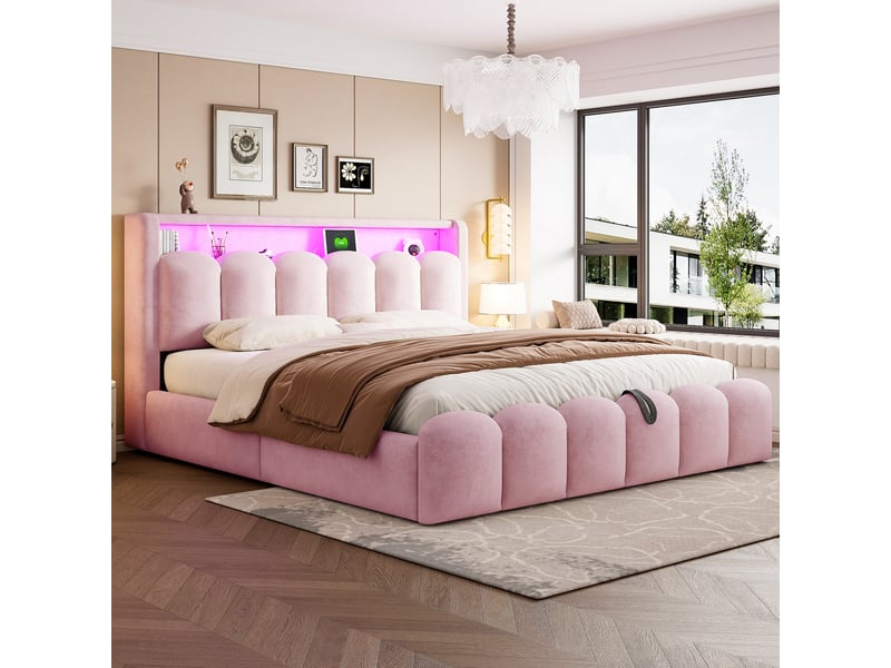 Lit coffre 180 × 200 cm 2 places avec rangement hydraulique, led, usb et type-c, sans matelas, velours rose - Conforama C