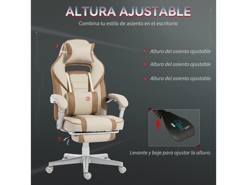  Fauteuil de jeu inclinable avec hauteur réglable, repose-pieds rétractable, soutien lombaire et appui-tête amovible - crème  - Conforama E