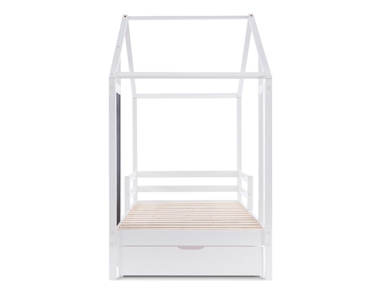  Lit cabane enfant 90x200 cm avec tableau noir et 2 tiroirs, pin et mdf, blanc, sans matelas  - Conforama R