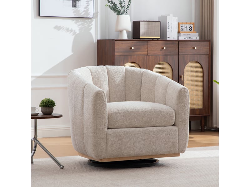  Fauteuil pivotant 360° en chenille beige avec base métallique  - Conforama D