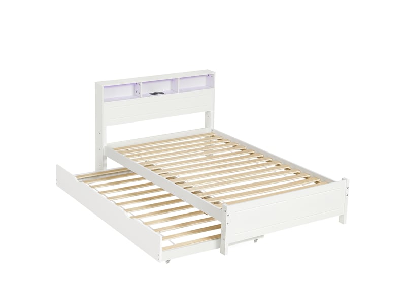 Lit 2 places 120x200 cm – blanc – lit gigogne 90x190 cm, led, prise intégrée et rangement  - Conforama D