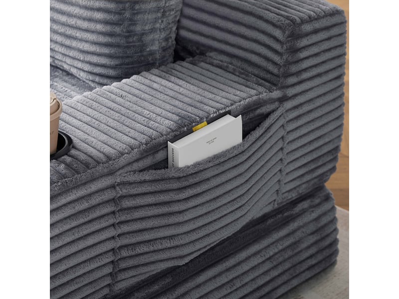  Canapé droit-lit 2-en-1 en velours côtelé, 2 coussins déco, porte-verres et rangements, 62x180x85 cm, gris  - Conforama E