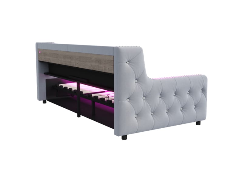 Canapé-lit 90x200 cm capitonné gris clair - coffre hydraulique, led, rangements, prise usb et charge, cadre à lattes - Conforama D