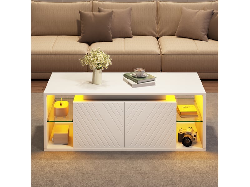 Table basse avec led, 2 portes et rangements semi-ouverts pour salon en panneau de particules blanc 100 × 50 × 41 cm - Conforama D