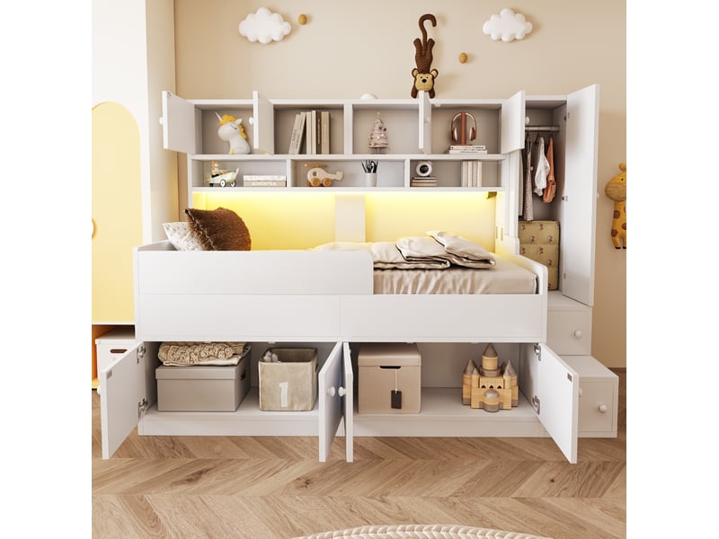  Lit enfant 90x200 cm avec rangements et éclairage led bois blanc sans matelas  - Conforama D
