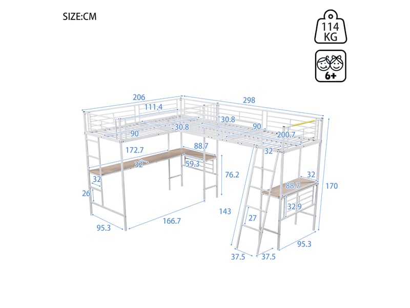  Lit mezzanine 2x90x200cm, 2xlit 1 place avec bureau, escalier, barrières et sommiers, lit en métal, blanc, sans matelas  - Conforama D