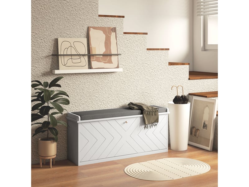  Banc à chaussures avec tiroir rabattable, coussin d'assise et étagère réglable, 100 x 26 x 48 cm, blanc  - Conforama C