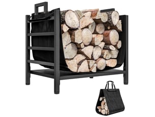Porte-bûches intérieur avec sac amovible, métal noir, 49 x 34 x 44 cm, charge 50 kg