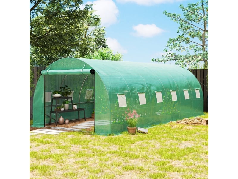  Serre tunnel de jardin 600 x 300 x 197 cm, couverture plastique, cadre acier, portes enroulables, verte  - Conforama B