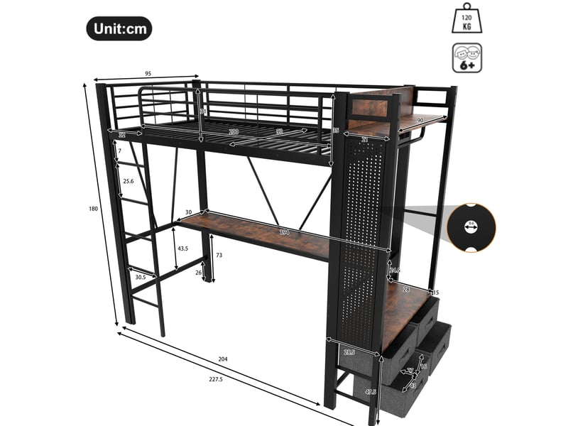  Lit mezzanine 90 x 200 cm bureau 4 tiroirs penderie panneau perforé led prise usb-c échelle métal mdf noir sans matelas  - Conforama C