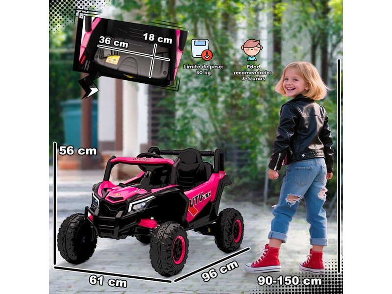  Voiture électrique utv 12v pour enfants avec 2 moteurs, télécommande 2,4 ghz, vitesse jusqu'à 7 kmh, système de suspension, rose  - Conforama E