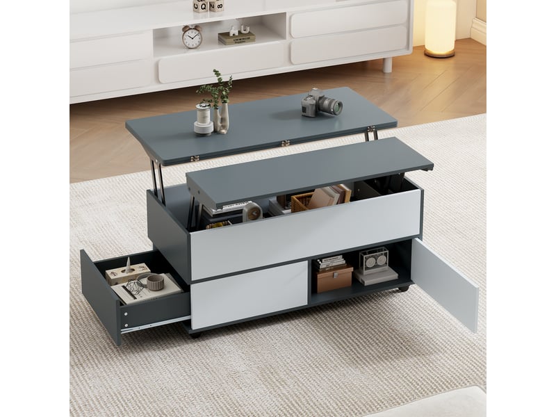  Table basse relevable 100x98cm, table de salon avec rangement caché, tiroirs et roulettes, gris et blanc  - Conforama D