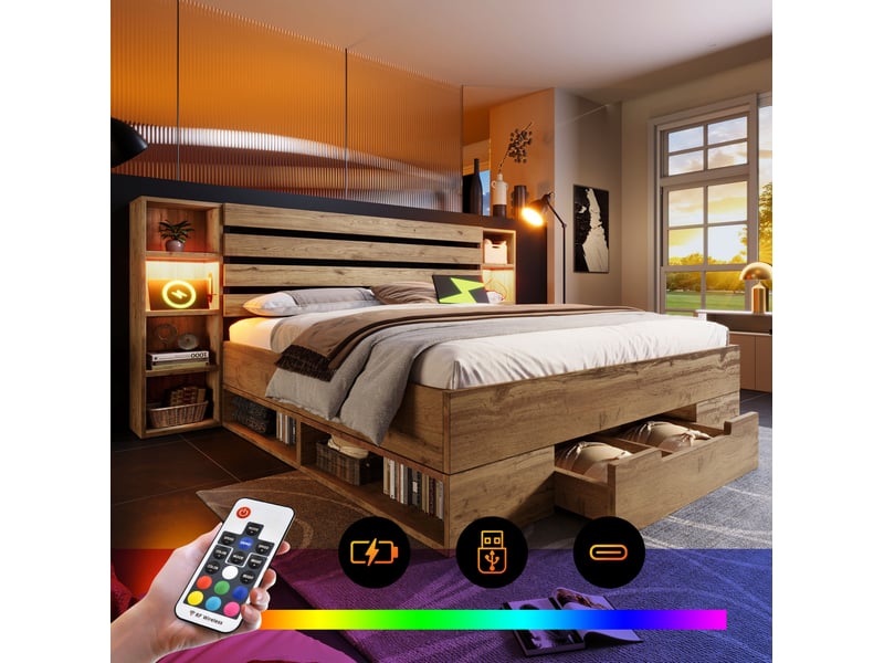  Lit double 180 x 200 cm chêne avec rangement, led, usb et type-c  - Conforama D