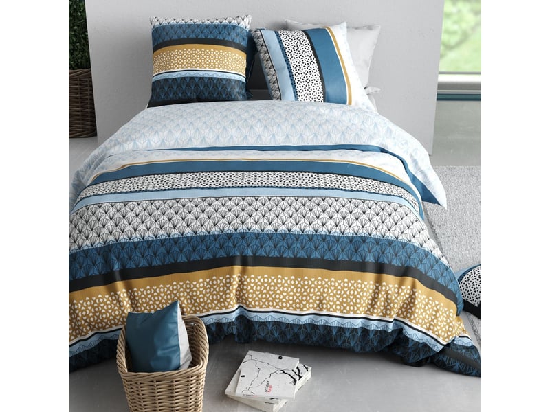  Parure housse de couette 260x240cm + 2 taies motif rétro bleu et jaune 100% coton - osyris OSYRIS - Conforama C